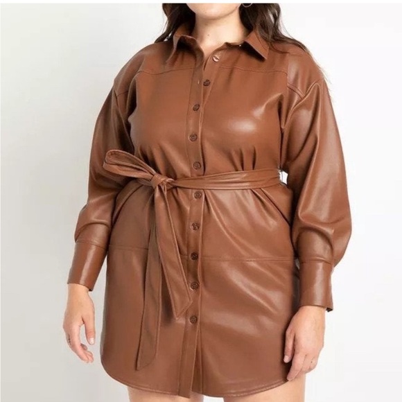Eloquii Brown Faux Leather Shirt Dress - Picture 1 of 7